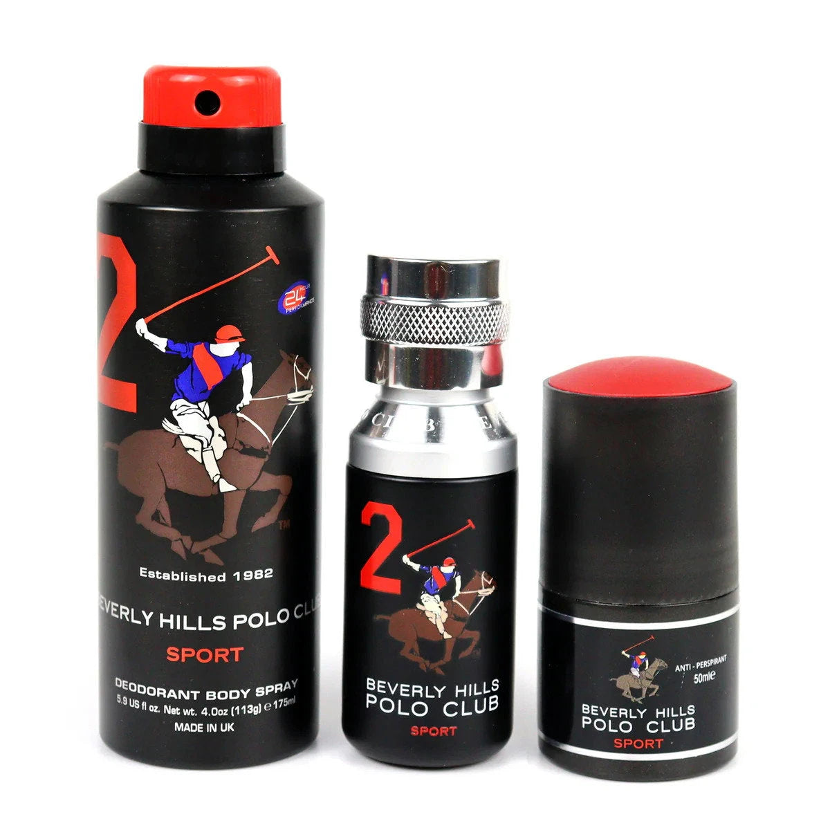 Set Beverly Hills Polo Club: 1982 - Sport 2, Eau De Toilette, For Men, 50 ml + 1982 - Sport 2, Anti-Perspirant, Deodorant Spray, For Men, 175 ml + Sport 2, Anti-Perspirant, Deodorant Roll-On, For Men, 50 ml