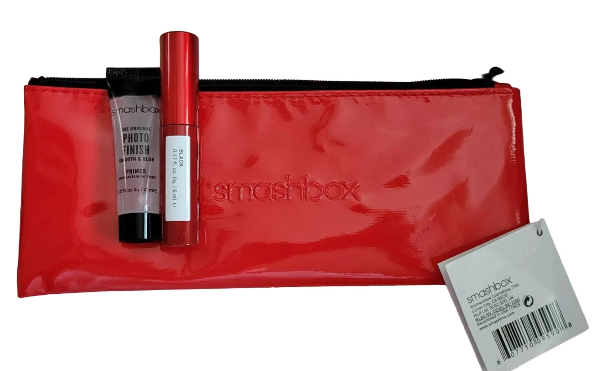 Deluxe Trial Size Set Smashbox: Super Fan, Volumizing, Mascara, Black, 5 ml + Photo Finish, Smoothing, Liquid Primer, 7.1 ml + Textile Makeup Bag, Red