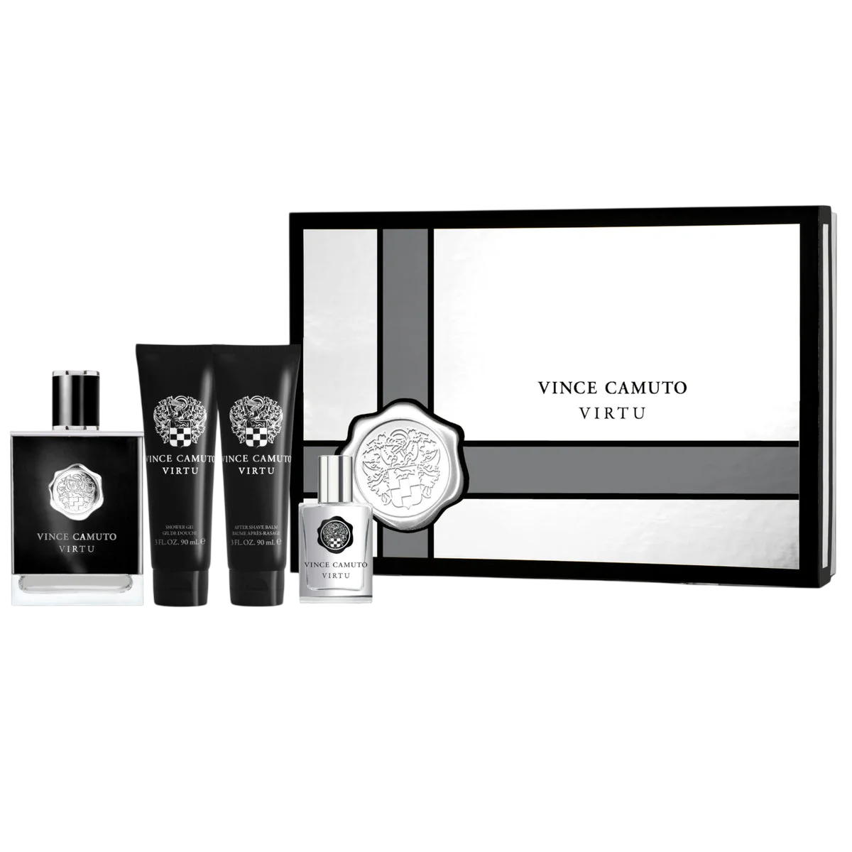 Set Vince Camuto: Virtu, Eau De Toilette, For Men, 100 ml + Virtu, Eau De Toilette, For Men, 15 ml + Virtu, Moisturizing, After-Shave Balm, 90 ml + Virtu, Shower Gel, Body, 90 ml